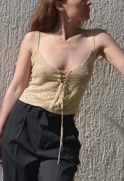 Gold sand handmade crochet mesh/floral lace top