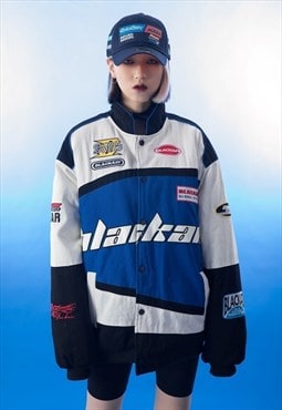 Motorcycle jacket multi patch padded Racing bomber in blue