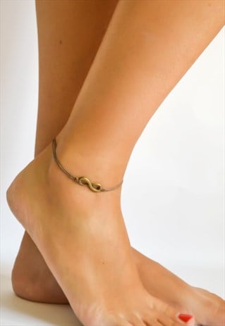 BRONZE INFINITY ANKLET BROWN CORD YOGA JEWELRY GIFT FOR HER