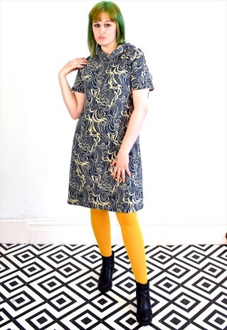 VINTAGE 60'S JAPANESE BLUE CREAM SWIRL PRINT WOOL DRESS