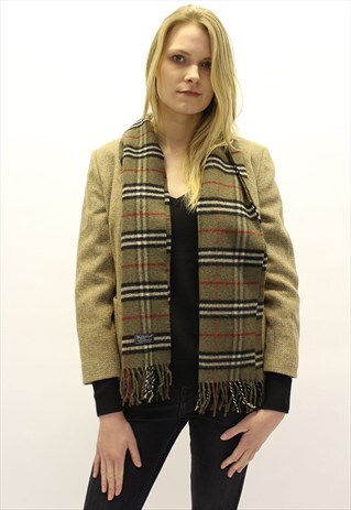 VINTAGE BURBERRY LAMBSWOOL CHECKED SCARF KHAKI-AS77