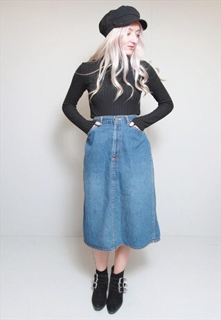 VINTAGE 1980'S DARK WASH A LINE DENIM MIDI SKIRT
