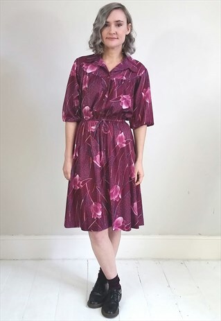 VINTAGE 70'S PURPLE FLORAL TIE WAIST SHIRT DRESS