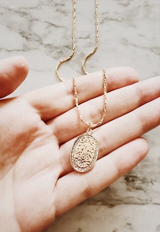GOLD OVAL MEDALLION LONG NECKLACE