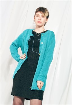 Vintage Cardigan 90s Long Turquoise Knitted Sweater