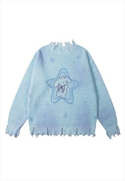 Fluffy tie-dye jumper rip fleece top rainbow pullover blue