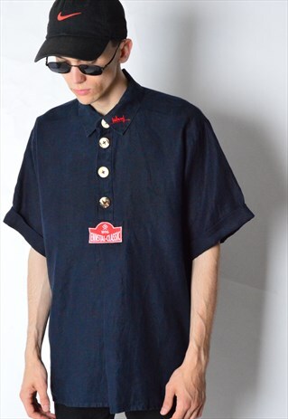 VINTAGE 90S NAVY BLUE LINEN SHORT SLEEVE SHIRT