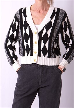 80s vintage black and white cotton cardigan cropped 