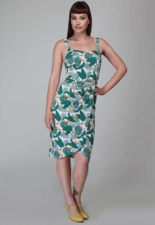 MAHINA BIRD OF PARADISE MIDI FLORAL PENCIL VINTAGEE DRESS