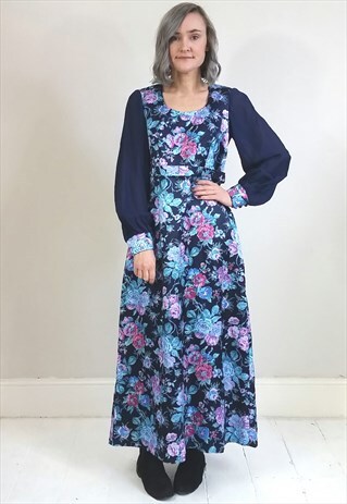 VINTAGE 70'S BLUE FLORAL MAXI DRESS WITH SHEER SLEEVES