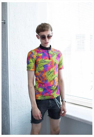 VINTAGE 80'S MULTICOLOUR PATTERNED HIGH COLLAR TOP