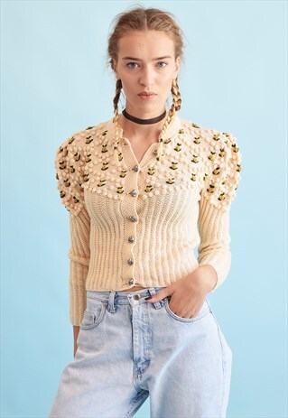 70'S RETRO NEUTRAL POM POM KNIT CARDIGAN
