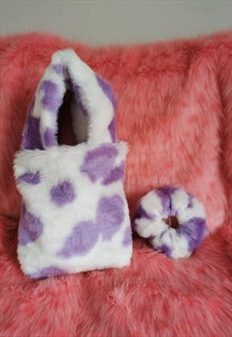 Jolene lilac cow print, fluffy handmade mini tote bag