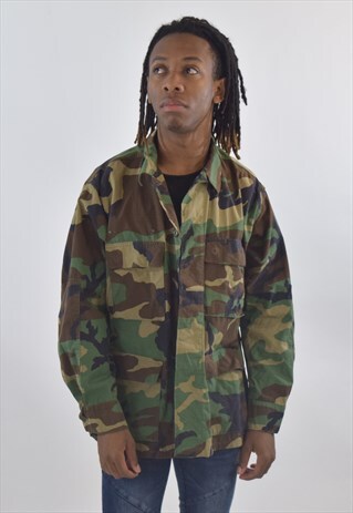 VINTAGE 90S GREEN BROWN CAMO MILITARY OVER SHIRT JACKET