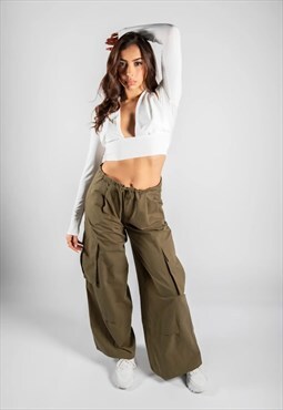 JUSTYOUROUTFIT Khaki Wide Leg Cargo Trousers With Drawstring
