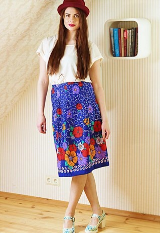 BRIGHT BLUE FLORAL VINTAGE SKIRT