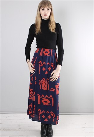 VINTAGE 80S BLUE PATTERNED LONG MIDI FESTIVAL SKIRT