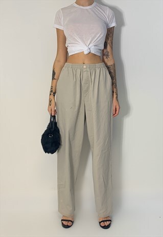 CREAM ELASTIC WAIST BAGGY MOM/SKATER TROUSERS