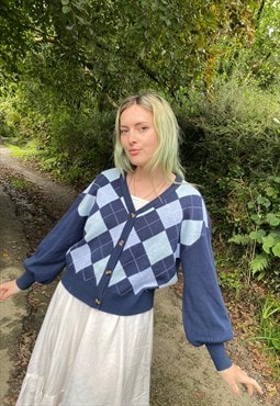 Vintage Size L Knitted Argyle Print Cardigan in Blue