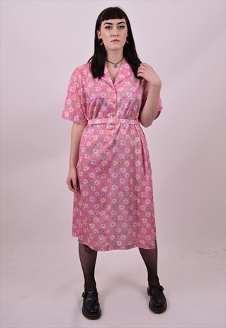 VINTAGE 70'S PINK FLOWER PRINT GRANNY DRESS SIZE 16 18 20 22