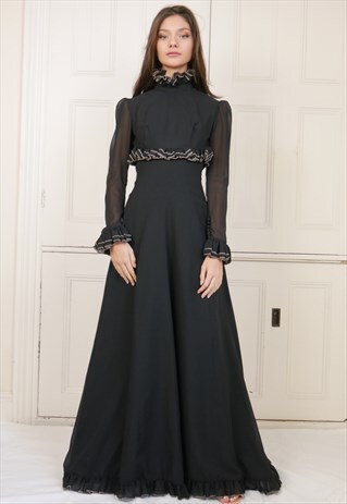 VINTAGE 60S GOTHIC EVENING MAXI DRESS JEAN VARON