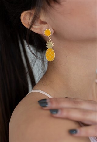 PINEAPPLE EARRINGS YELLOW ENAMEL NOVELTY CHRISTMAS GIFT