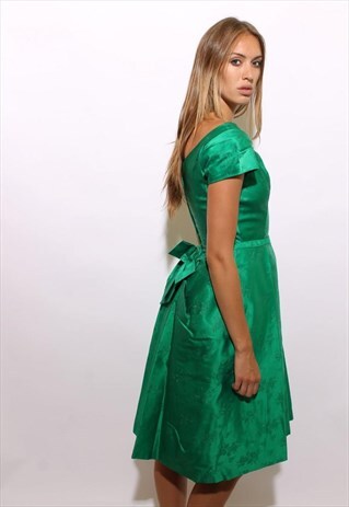 VINTAGE 1950'S 50'S EMERALD GREEN SATIN PARTY GOWN XS-S