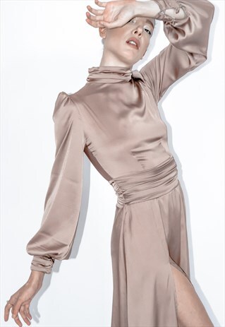 COFFEE BROWN PLEATED TURTLENECK MIDI DRESSES WITH SIDE SLIT