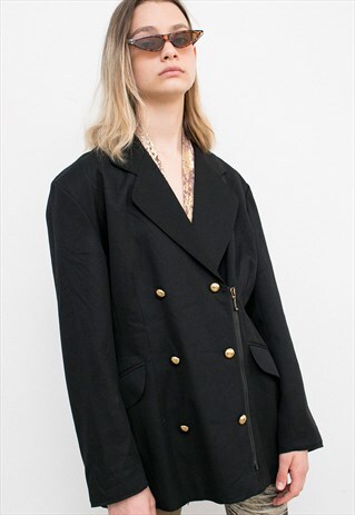 VINTAGE JACKET BLACK GOLD BUTTONS ZIP UP DETAIL BLAZER 80S