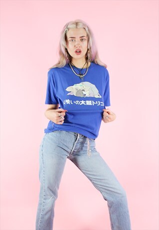 VINTAGE 90S Y2K OVERSIZE DARK PERIWINKLE ASIAN PRINT T-SHIRT