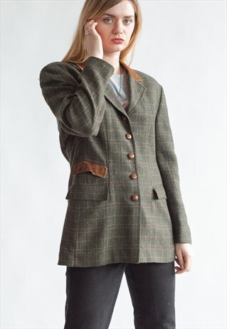 VINTAGE 70S BOHO BLAZER IN CHECKERED GREEN TWEED