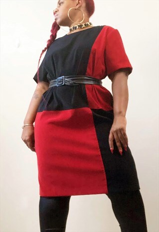 90S VINTAGE COLOR BLOCK FAUX SUEDE MIDI SHIFT DRESS 18