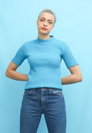 60S 70S VINTAGE BLUE RIBBED KNIT MOD TOP