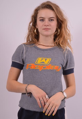REPLAY WOMENS VINTAGE T-SHIRT TOP LARGE BLUE 90S
