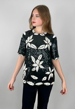 Vintage 80's Stenay Black White Sequin Short Sleeve Top