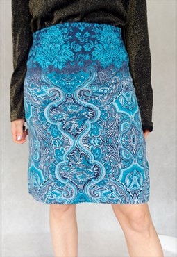 Blue Y2K paisley print midi skirt