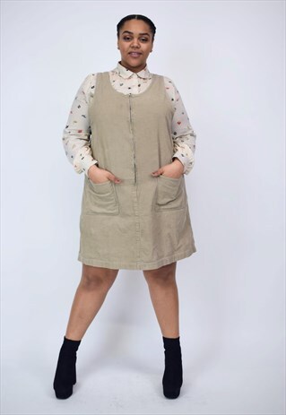 VINTAGE 90'S BEIGE CORDUROY PINAFORE DRESS WITH FRONT ZIP