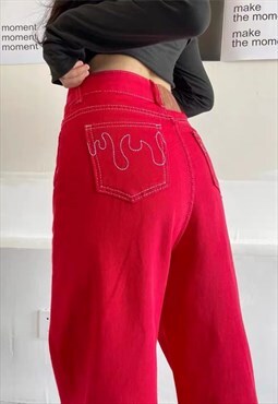 Red Flame Embroidery Pants