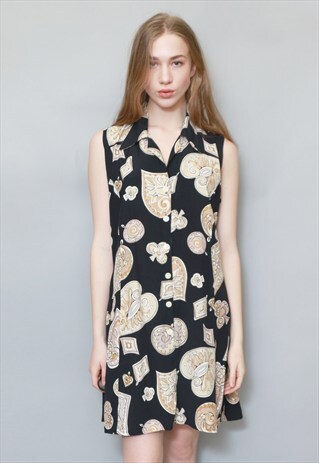 VINTAGE 1990'S BLACK AND BEIGE PATTERNED MINI DRESS