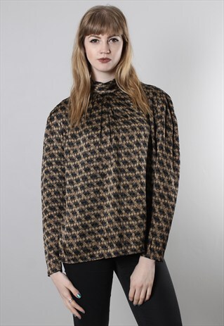 VINTAGE 80S SILK PATTERNED HIGH NECK BLOUSE TOP