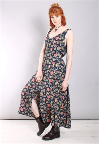 VINTAGE 80S FLORAL BUTTON TIE BACK MAXI DRESS