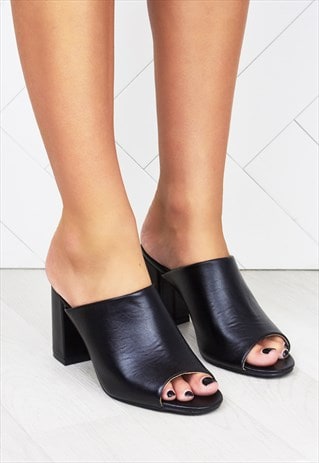 black leather mules block heel