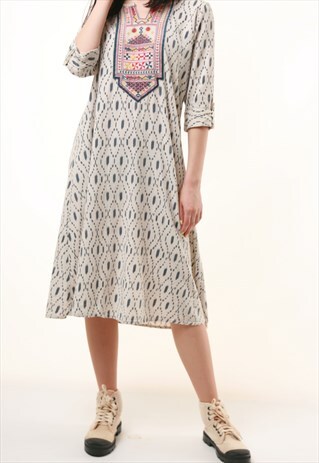 90S VINTAGE INDIAN FLORAL MIDI STRAIGHT COTTON DRESS 494