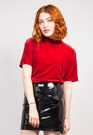 VINTAGE 90'S RED HIGH NECK VELVET TOP