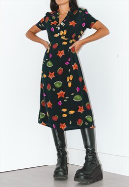 Vintage 90s Fruit Printed Long Shirt Midi Dress