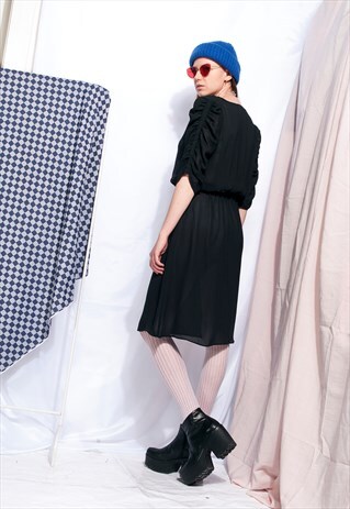 VINTAGE SHEER DRESS 80S PUFFED SLEEVE BLACK DRESS