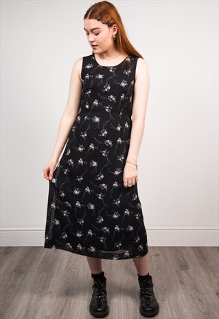VINTAGE 90'S BLACK FLORAL PATTERN SLEEVELESS MIDI DRESS