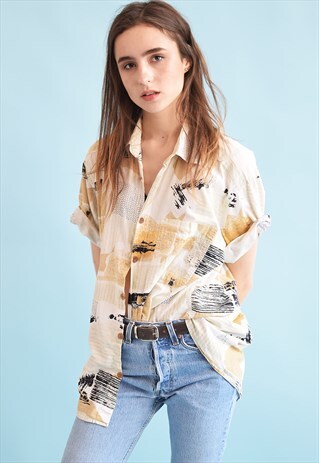 90'S RETRO ABSTRACT PRINT OVERSIZED DADS BLOUSE TOP