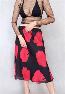 Vintage Y2K Black and Red Bold Floral Pattern Skirt, Large 
