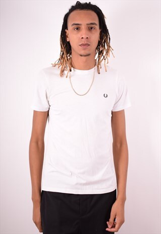 FRED PERRY MENS VINTAGE T-SHIRT TOP SMALL WHITE 90S